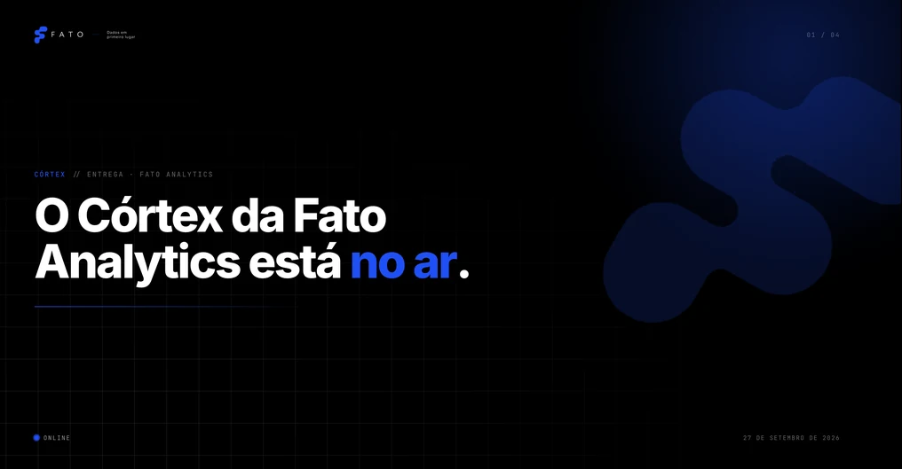 Cartão escuro com a frase O Córtex da Fato Analytics está no ar, com no ar em azul e o símbolo da Fato ao lado