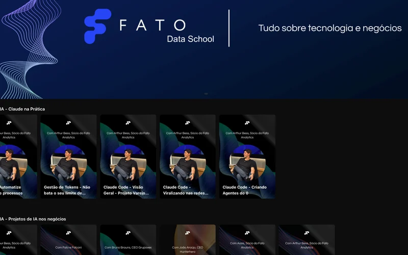 Área de membros da Fato Data School, com as gravações dos webinários organizadas por tema
