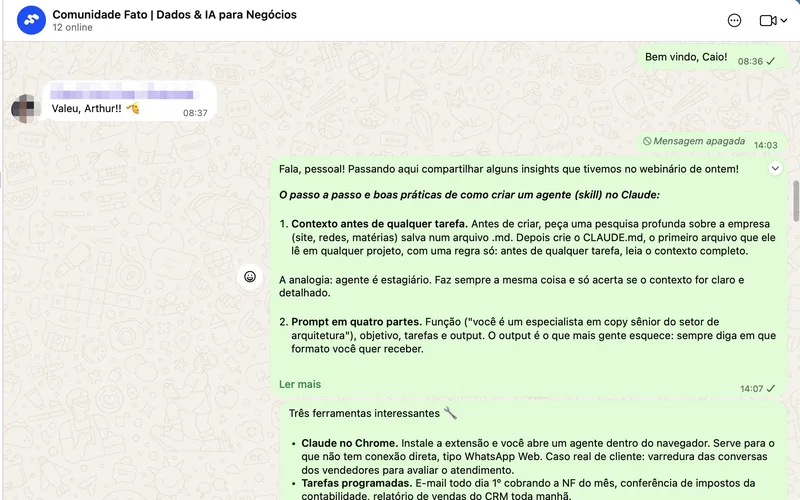 Conversa da Comunidade Fato no WhatsApp, com o resumo de um webinário e três ferramentas comentadas