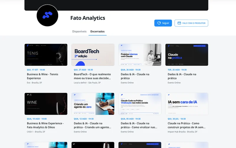 Página da Fato Analytics no Sympla com os webinários encerrados da série Dados & IA, Claude na prática